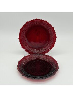 Set of 2 Avon 1876 Cape Cod Collection Ruby Red Glass Salad/Dessert Plates 7.5"
